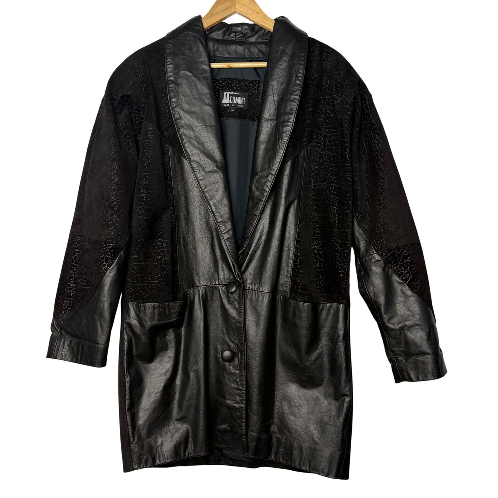 Comint Mixed‎ Media Leather Suede Longline Car Coat Colorblock Art Wear M, 90s